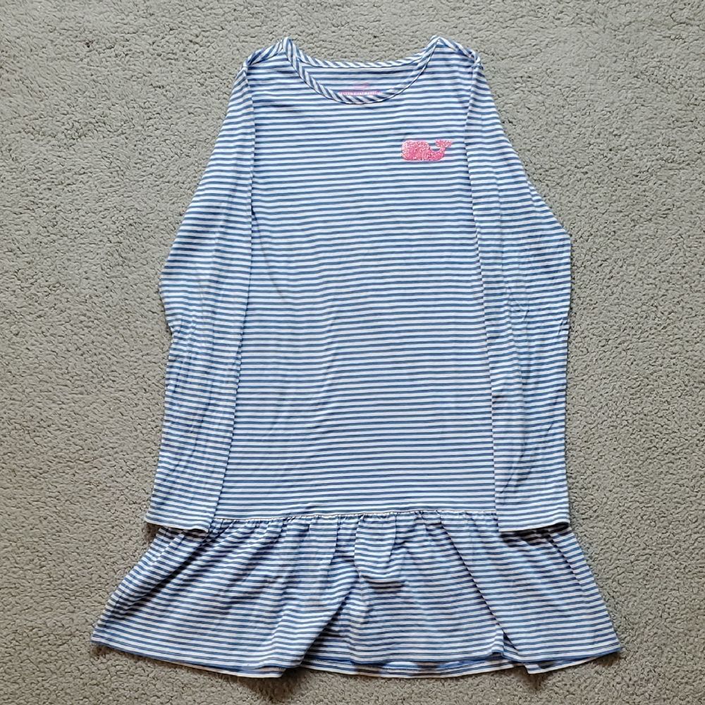 Vineyard Vines Youth Blue and White Striped Dress with Pink Logo Size L